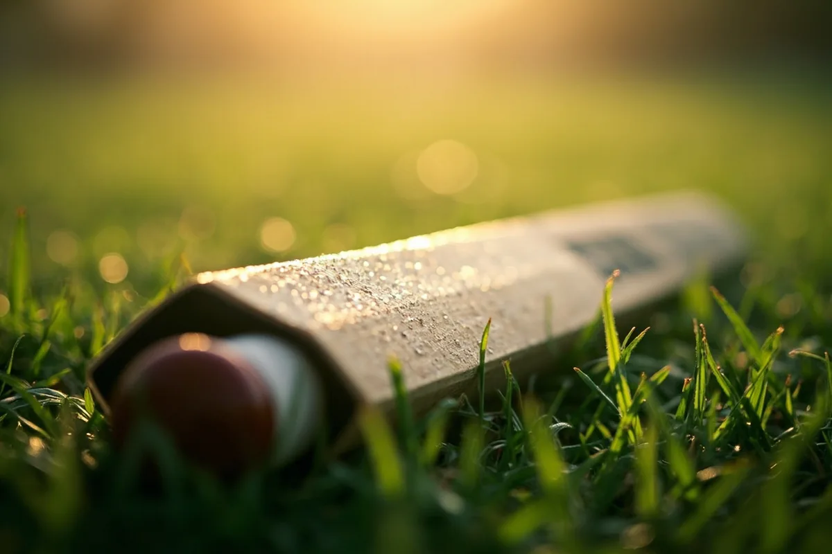 Editorial photograph of a cricket bat resting on grass with morning dew