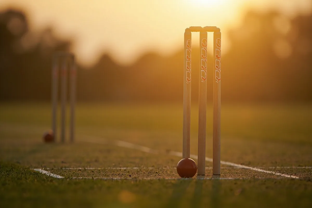 Editorial photograph of three cricket stumps with bails on a quiet practice pitch at golden hour