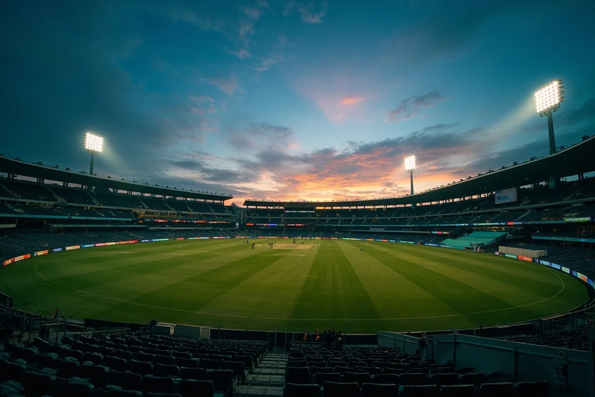 Editorial photograph of an empty cricket stadium at twilight with lights beginning to glow
