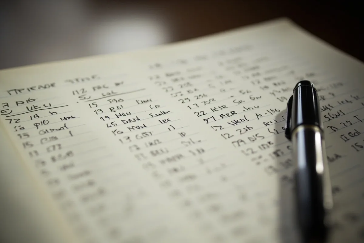 Editorial photograph of a notebook full of hand-written cricket stats with a fountain pen on top