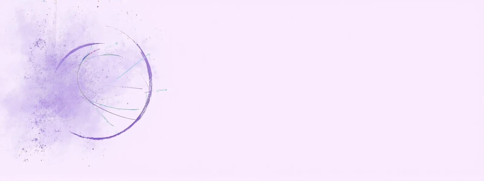 Wide editorial banner for cricket predictions, pale lilac background, abstract geometric forecast dial as faded line art