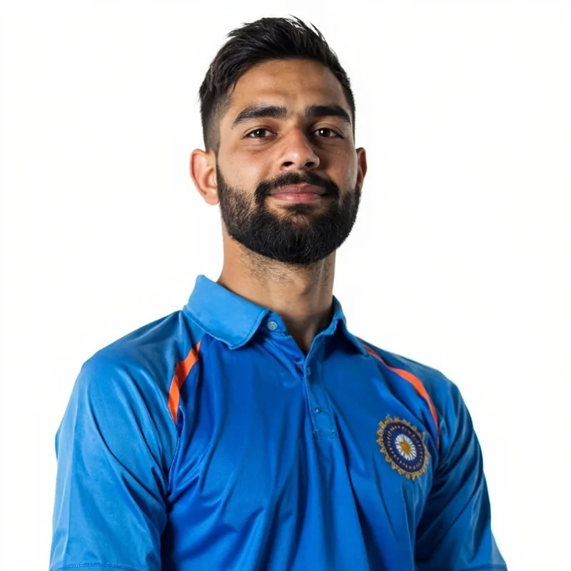 Indian fast bowler Jasprit Bumrah cutout portrait, blue training jersey, calm confident expression on white background
