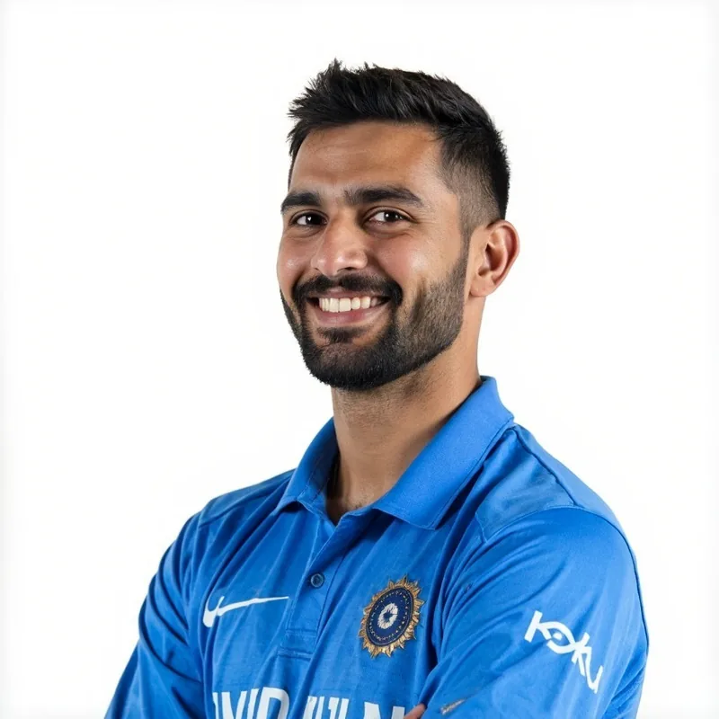 Indian cricket all-rounder Ravindra Jadeja cutout portrait, blue jersey, slight smile on white background