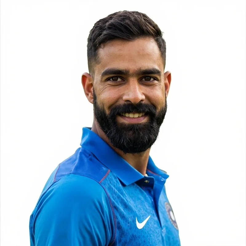 Indian cricket captain Rohit Sharma cutout portrait, blue Indian jersey, studio lighting on white background