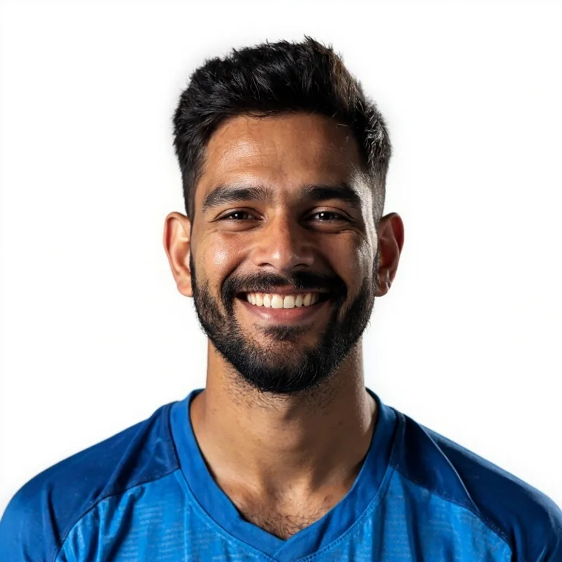 Indian fast bowler Mohammad Shami cutout portrait, blue jersey, distinguished friendly expression on white background