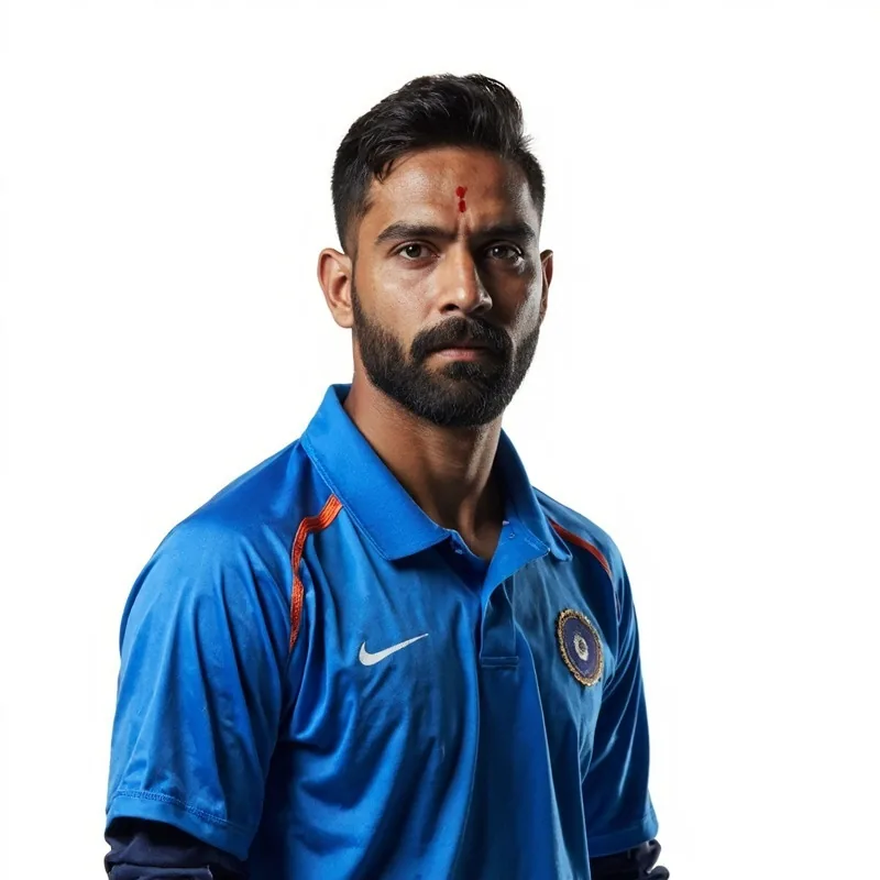 Indian cricket batsman Virat Kohli cutout portrait, blue jersey, intense focused expression on white background