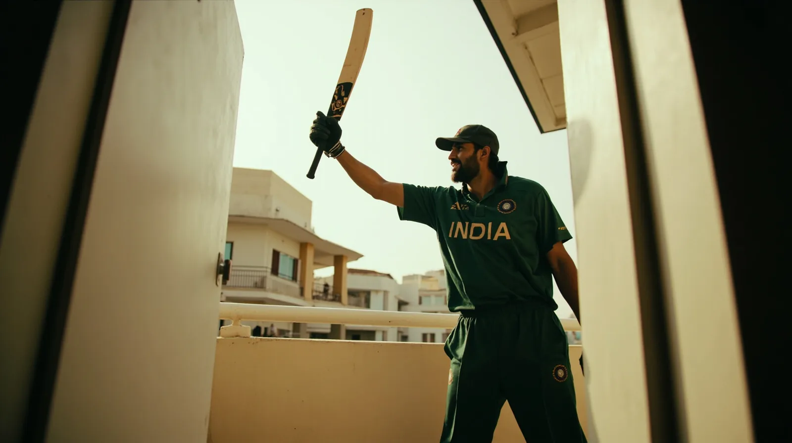 Editorial photograph of an Indian cricket captain raising a bat on the field at golden hour