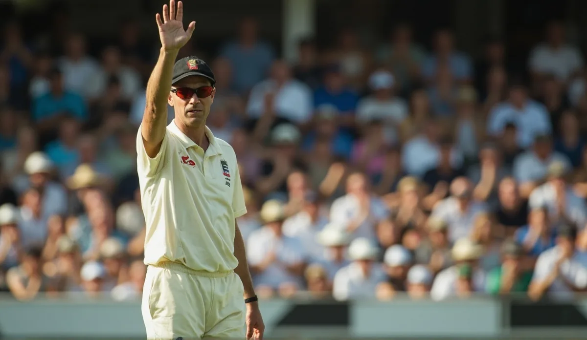 Editorial photograph of a cricket umpire signalling a six with one arm raised